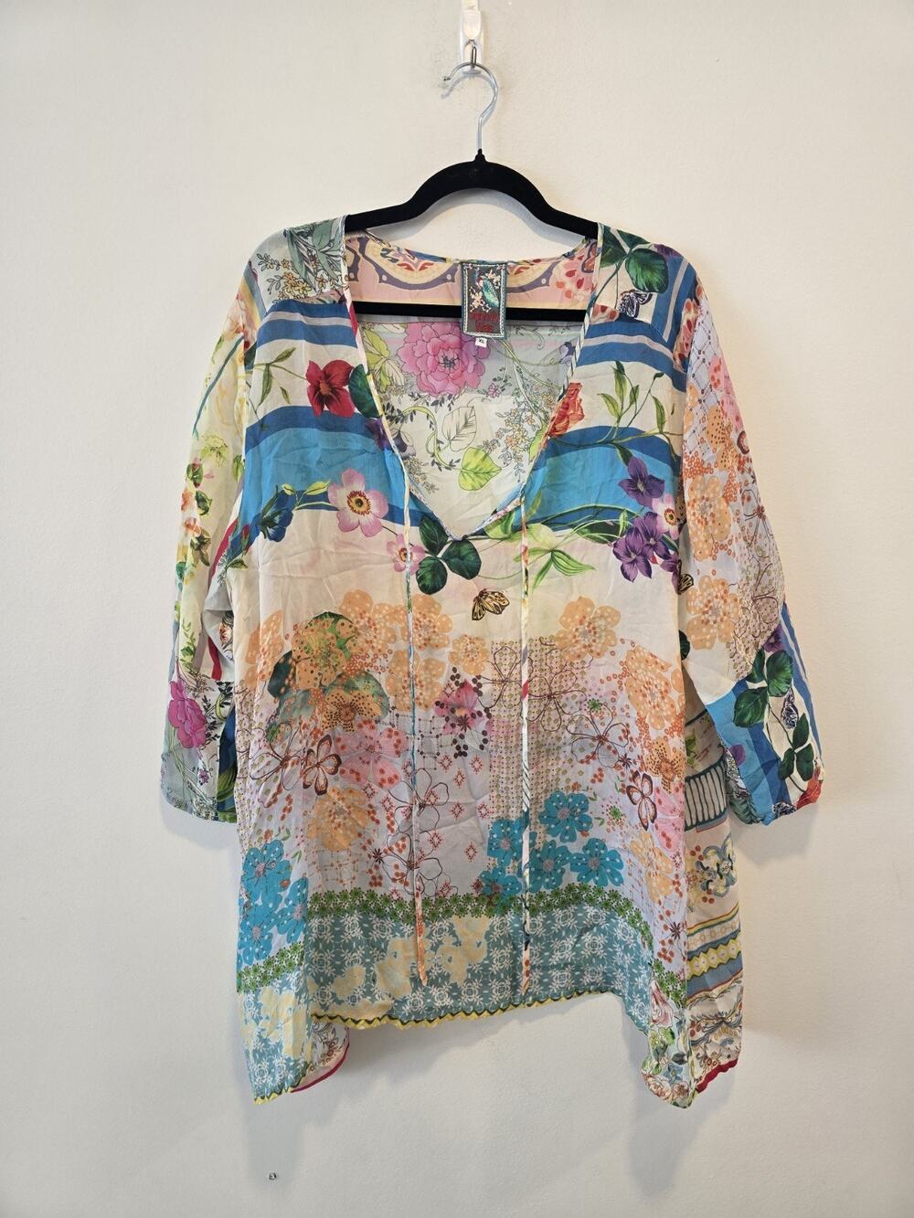 Johnny Was Floral Patchwork V-Neck Blouse in Blue, Green, Pink, Yellow